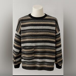 CALE Men's Striped Black, White, and Tan Crewneck Sweater